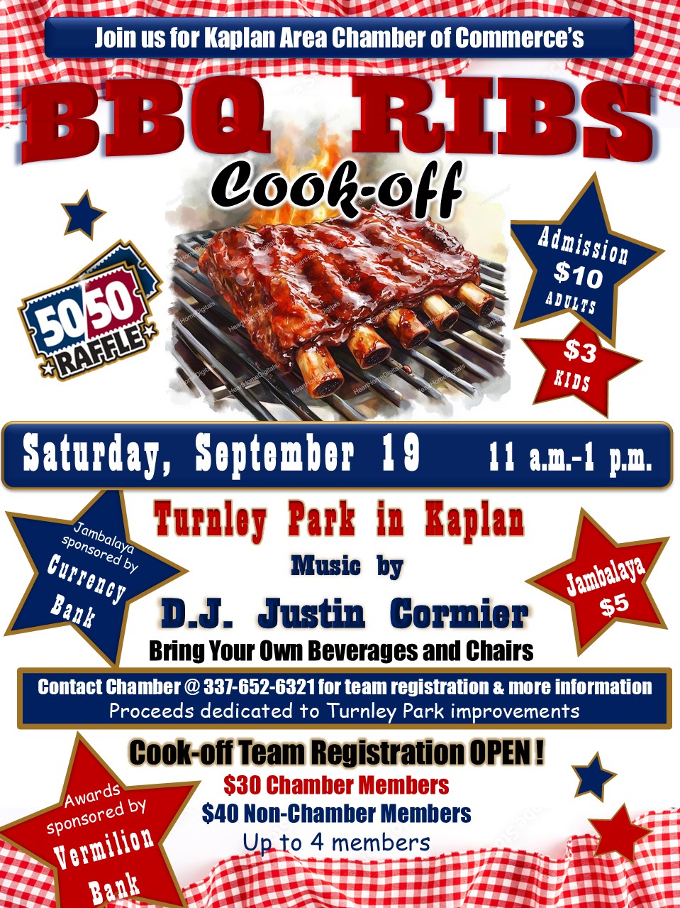 Join the Kaplan Area Chamber of Commerce for their BBQ Ribs Cook-off on Saturday, September 19th 11am-1 pm.  This event will be held at Turnley Park and all proceed are dedicated to improvements for the park.  Music by D.J. Justin Cormier!