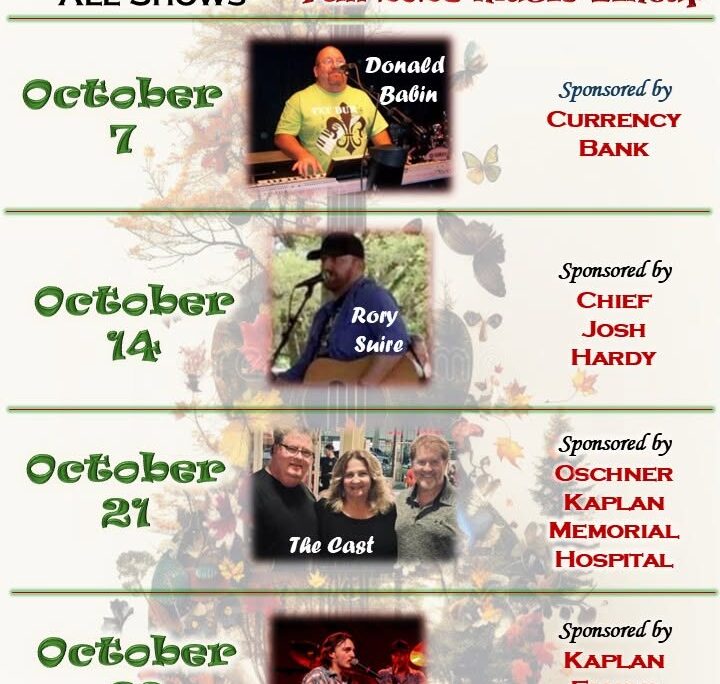 Flyer for Boogie in the park with dates October 7, 14, 21, 28 naming live music artist Donald Babin, Rory Suire, The Cast, and Mike Broussard.