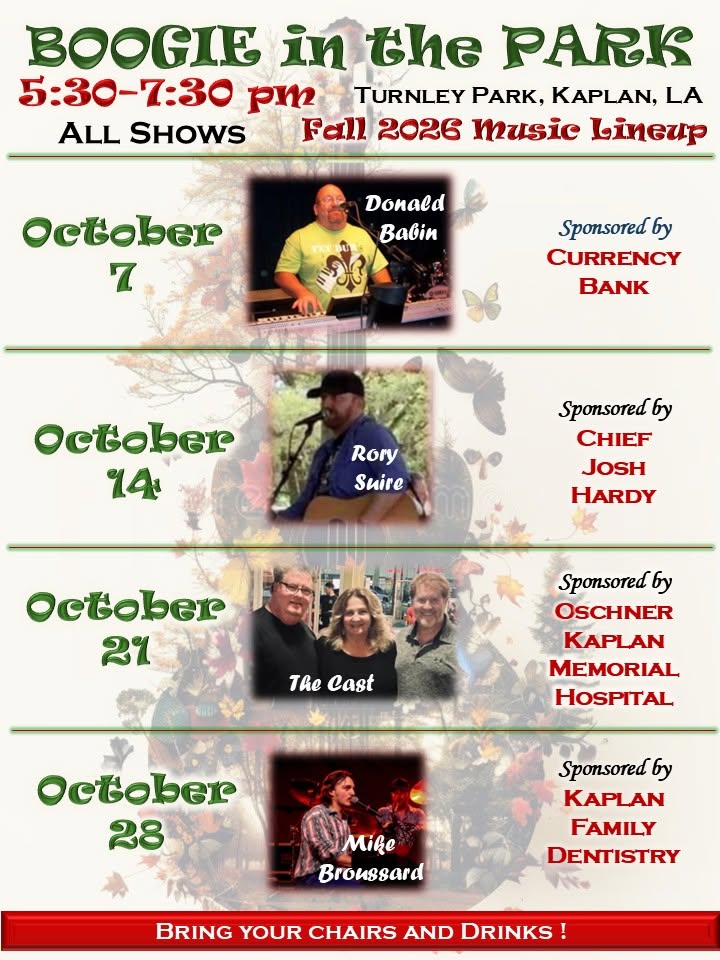 Flyer for Boogie in the park with dates October 7, 14, 21, 28 naming live music artist Donald Babin, Rory Suire, The Cast, and Mike Broussard.