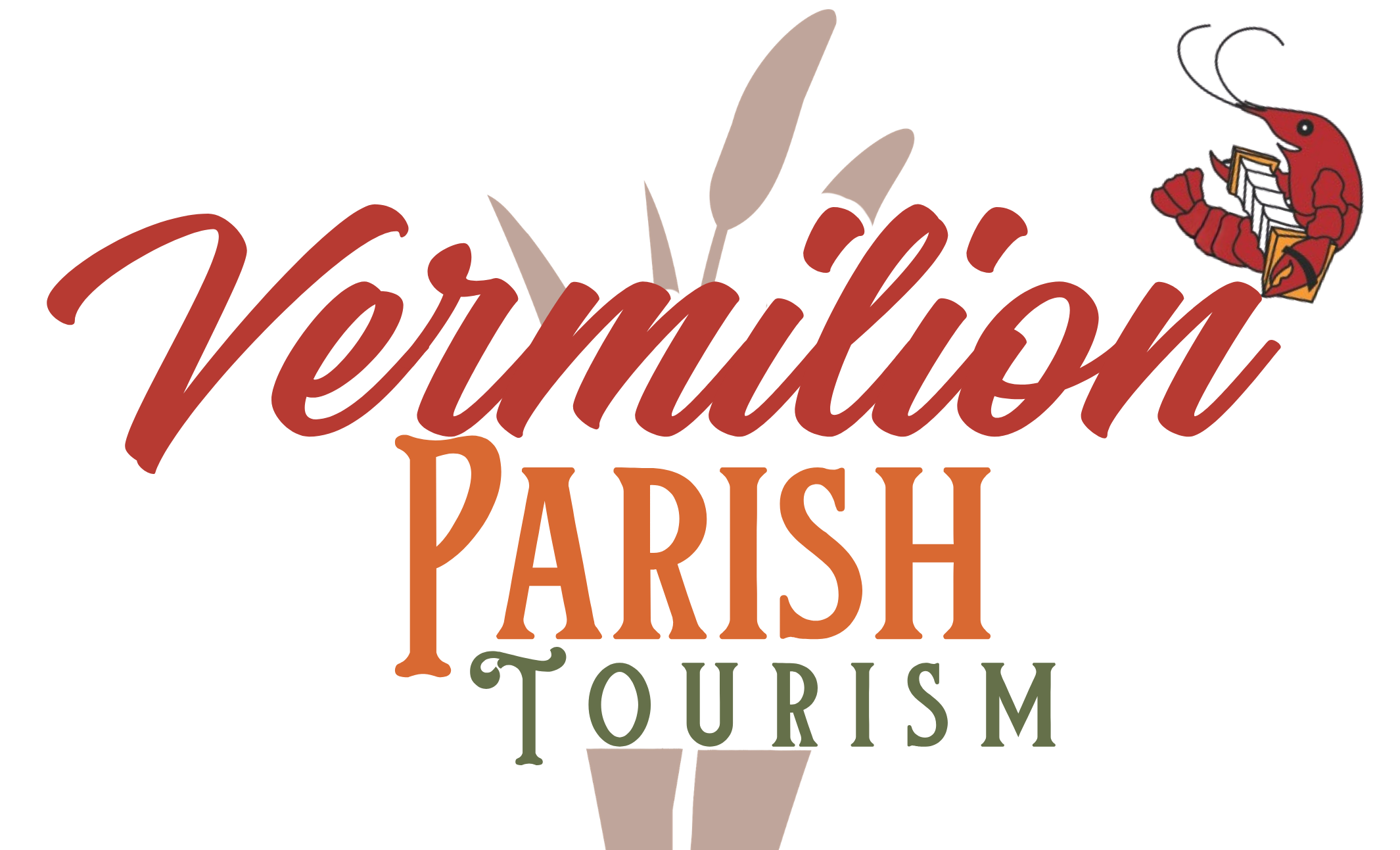 Vermilion Parish Tourism logo with cattails and crawfish playing an accordion